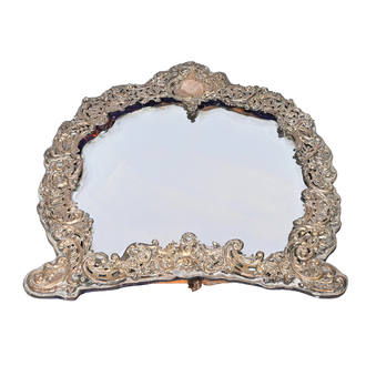 A Belgian silver Louis XV style table mirror with floral design, 19th/20th C.