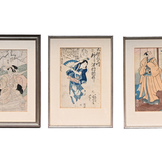 Three Japanese Ukiyo-e woodblock prints, Toyokuni Utagawa and Kuniyoshi Utagawa, Meiji, 19th/20th C.