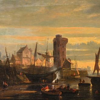 Egide Linnig (1821-1860): Vue d'un port de ville, huile sur toile