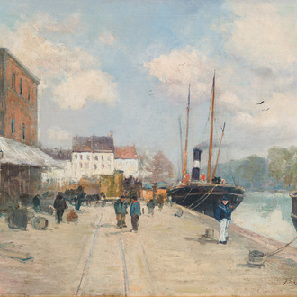 Frans Van Huffel (19ème/20ème siècle): Vue du quai à Bruxelles, huile sur toile