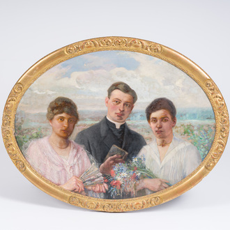 École belge, signé illisiblement (J. Vander Sanden?): Les trois enfants, huile sur toile, vers 1890