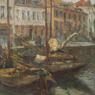 Jean Van Cleemput (1881-1948): Bateaux à quai à Bruxelles, huile sur toile