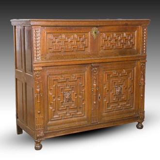An oak sideboard, type 'Zeeuwse kast', with geometric design and lion heads, the Netherlands, 17th C.