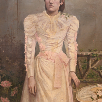 A. Classens (19ème siècle): Portrait d'une dame en robe de soirée, huile sur toile, daté (18)93