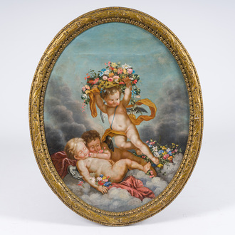École française: Trois anges aux paniers de fleurs, huile sur toile, vers 1800