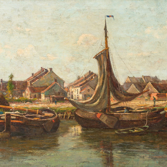 Auguste Breugelmans (1869-1918): Vue de la jetée du village, huile sur toile