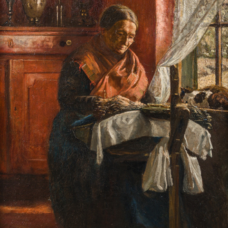 Piet Staut (1876-1933): Intérieur avec dentellière et chat, huile sur toile