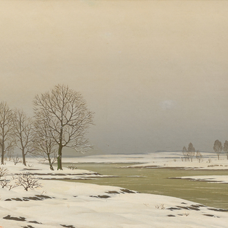 Pierre de Clausade (1910-1976): 'Bord de Loire sous la neige', huile sur toile