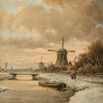Ecole hollandaise, signature illisible: Paysage d'hiver avec moulins à vent, huile sur toile, 19ème/20ème siècle