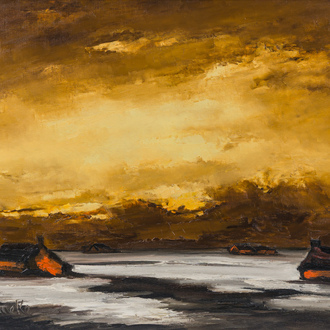 Paul Permeke (1918-1990): Soleil rougeoyant sur la campagne enneigée, huile sur toile