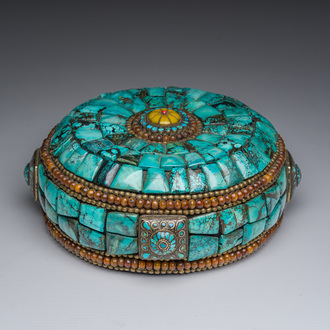 A Tibetan cap type form priest's jewelled hat decorated with a.o. turquoise and brass beads, 20th C.