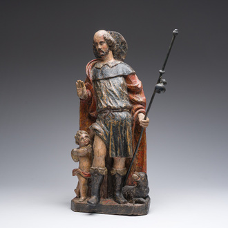 Saint Roch accompagné d'un ange et d'un chien en bois sculpté et polychromé, Flandres, 17ème siècle