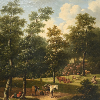 École française: Bergers avec leurs troupeaux dans un paysage forestier, huile sur toile, 19ème siècle
