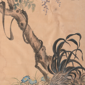 Ecole chinoise: Coqs dans un paysage, encre et couleurs sur soie, 19ème/20ème siècle