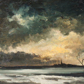 Paul Permeke (1918-1990): Paysage d'hiver au crépuscule, huile sur panneau