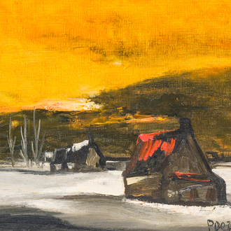 Paul Permeke (1918-1990): Soleil rougeoyant sur la campagne enneigée, huile sur toile