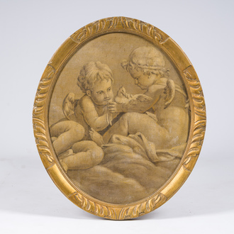 École française: Deux anges caressant une colombe, huile sur toile marouflée sur panneau, vers 1900