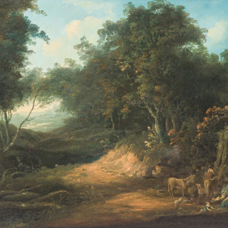 École française: Bergers dans un paysage, huile sur toile, 18ème siècle