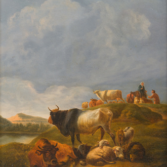 Balthazar Paul Ommeganck (1755-1826, à la manière de): Bergers avec leurs troupeaux dans un paysage, huile sur panneau, 19ème siècle