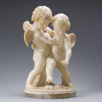 Ecole française, suiveur d'Etienne Maurice Falconet (1716-1791): 'Bataille pour l'amour', albâtre, 20ème siècle