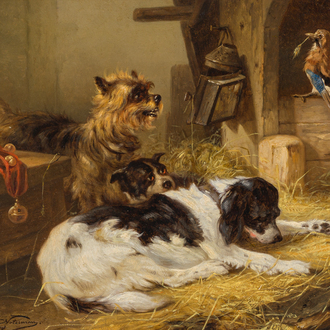Zacharie Noterman (1824-1890): Trois chiens et un geai, huile sur panneau, daté 1878