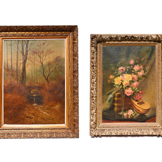 Paul Schouten (1860-1922): Paysage forestier, huile sur toile & Charles De Naeyer (19e/20e siècle): Nature morte, huile sur toile