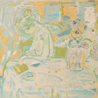 Jacques Truphemus (1922-2017): Naked woman sitting at a table, lithograph in colours, ed. 26/50