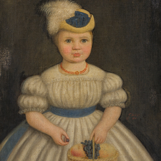 Engelbert Van Erps (1819-1874): Portrait d'une jeune fille avec une corbeille de fruits à la main, huile sur toile, daté 1865
