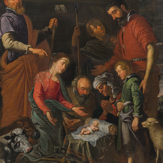 Flemish school: The adoration of the shepherds, oil on canvas, 17th C.