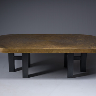 A rectangular coffee table with engraved brass top, Georges Mathias for Lova Création, Belgium, 1970's/1980's