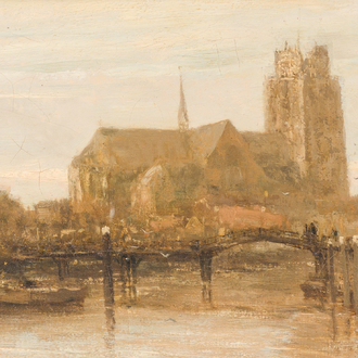 Willem G.F. Jansen (1871-1949): Vue de l'église Notre-Dame de Dordrecht, huile sur toile