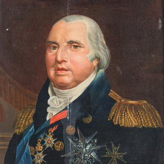 École française: Portrait du roi Louis XVIII, huile sur toile, 20ème siècle