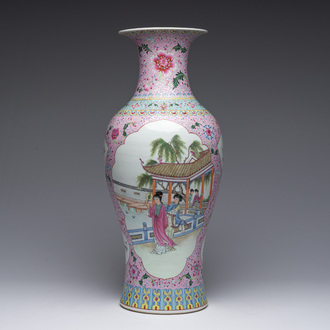 A Chinese famille rose baluster vase with female Immortals and floral design, Qianlong mark, 20th C.