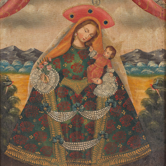 Ecole de Cuzco: La Vierge Marie à l'Enfant, huile sur toile marouflée sur board, 19ème/20ème siècle