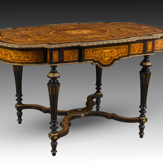 A French Napoleon III gilt bronze mounted partially ebonized wooden marquetry table with floral design and a theatre, 19th C.