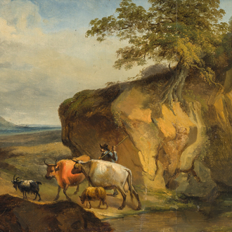 École hollandaise: Bergers avec leur bétail dans un paysage, huile sur panneau, 19ème siècle