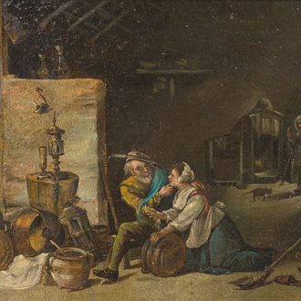 École flamande, suiveur de David II Teniers (1610-1690): Intérieur avec scène de séduction, huile sur toile, 19ème siècle