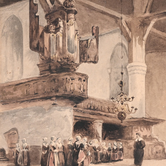 Signé illisiblement: Intérieur d'un monastère, aquarelle sur papier, 19ème siècle
