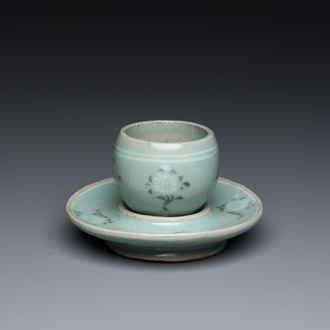 A Korean inlaid celadon cup on a stand, probably Goryeo, 13th/14th C.
