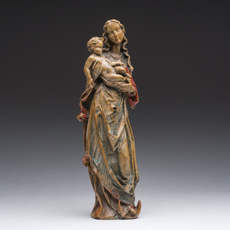 Vierge à l'Enfant sur un croissant de lune en chêne polychrome, Flandres, 19ème siècle