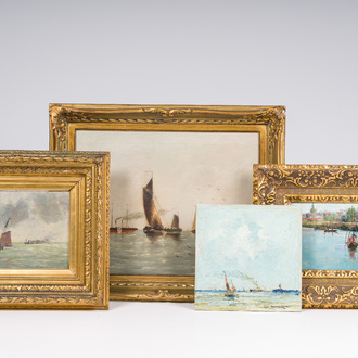 École belge: Quatre marines, huile sur panneau et toile, 19ème/20ème siècle