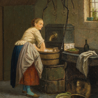 Josephus Nauwens (1830-1886 ou attribué à): La vaisselle, huile sur toile, daté 1883