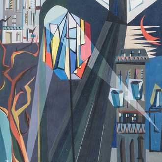 G. Lecloux (20ème siècle): Paysage urbain de jour et de nuit, huile sur papier