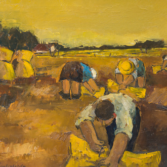 Lea Vanderstraeten (1929): La récolte du grain, huile sur toile