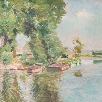 Maurice Sys (1880-1972, à la manière de): Vue de la Lys avec deux bateaux dans l'eau, huile sur toile