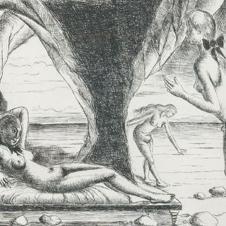 Paul Delvaux (1897-1994): 'Le navire à sacrifices' from the series 'Construction d’un temple en ruine à la déesse Vanadé', etching, dated (19)72