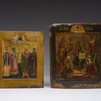 Twee Russisch-orthodoxe iconen, 'Uitgebreide Deësis' en 'Vier heiligen', 18de/19de eeuw