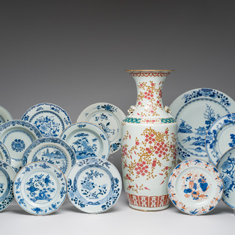 A varied collection of Chinese blue and white, famille rose and Imari style porcelain, Kangxi and later