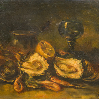 Hubert Bellis (1831-1902): Still life with glass and shellfish, oil on canvas