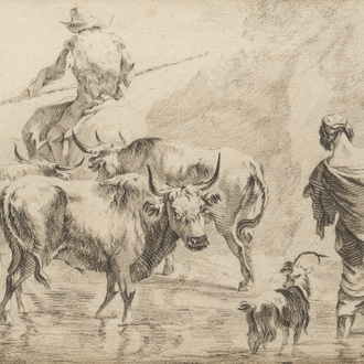 Monogrammed H.V. (Horace Vernet, 1789-1863, attributed to): Farmers and cattle by a pond, pencil on paper, dated (18)44
